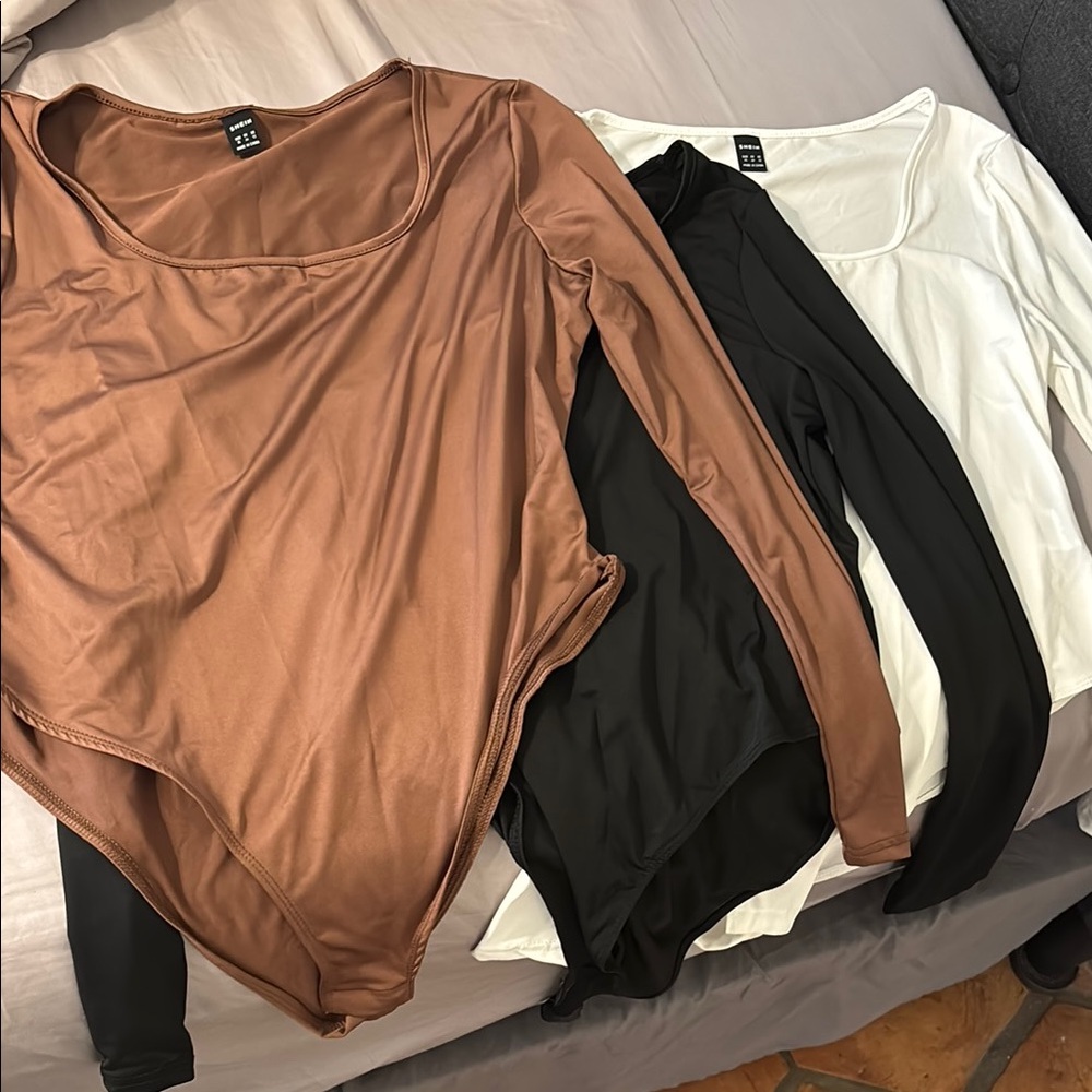 Long sleeve Women's Bodysuit-Square Neck. 3pc Set - Brown, White, and Black